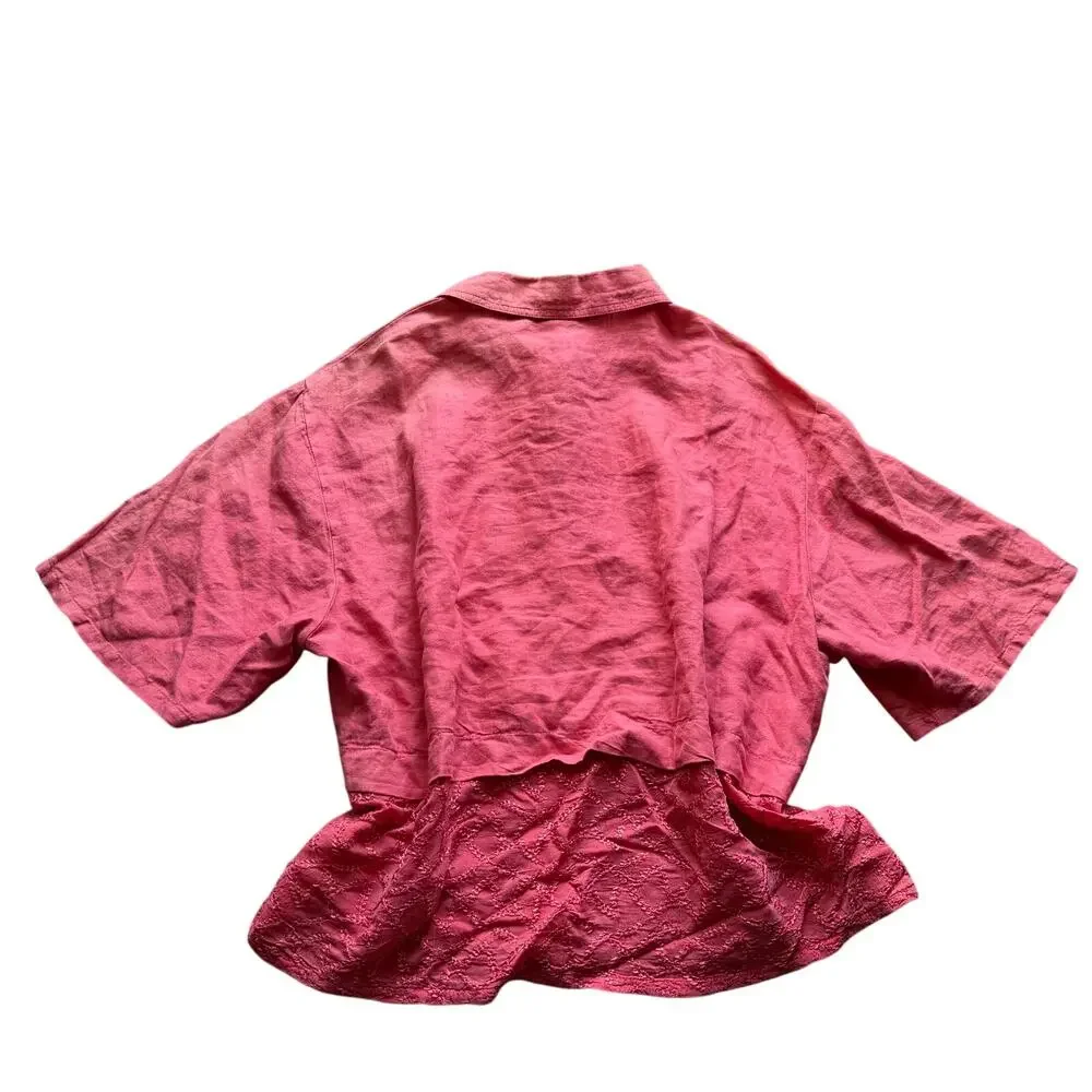 Vintage Johnny Was Coral Pink 100% Linen Embroidered Two Piece Short Set Size L